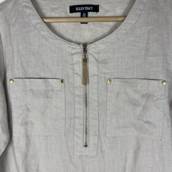Ellen Tracy Tan 100% Linen Tunic Sm Lagenlook Boho Roll Tab Sleeve Quiet Luxury - Picture 2 of 12